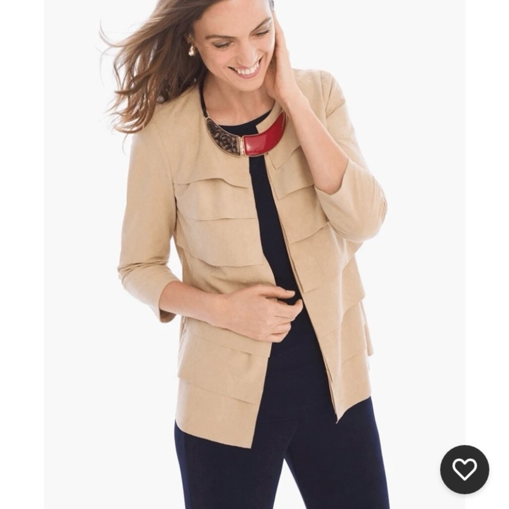 Chico’s Travelers Faux Suede Tiered Jacket Tan Sz 2 Large Southwestern Boho EUC
